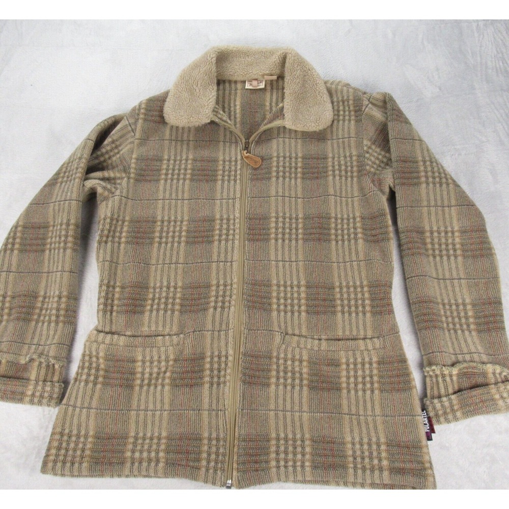 Woolrich Jacket Womens Medium Brown Plaid Fleece Polartec Zip Made In USA VTG